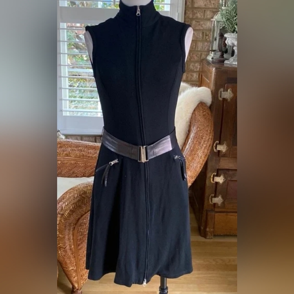 Vintage Joseph Ribkoff S6 Stretchy Black Gothic Vibes Belted Front Pockets Dres